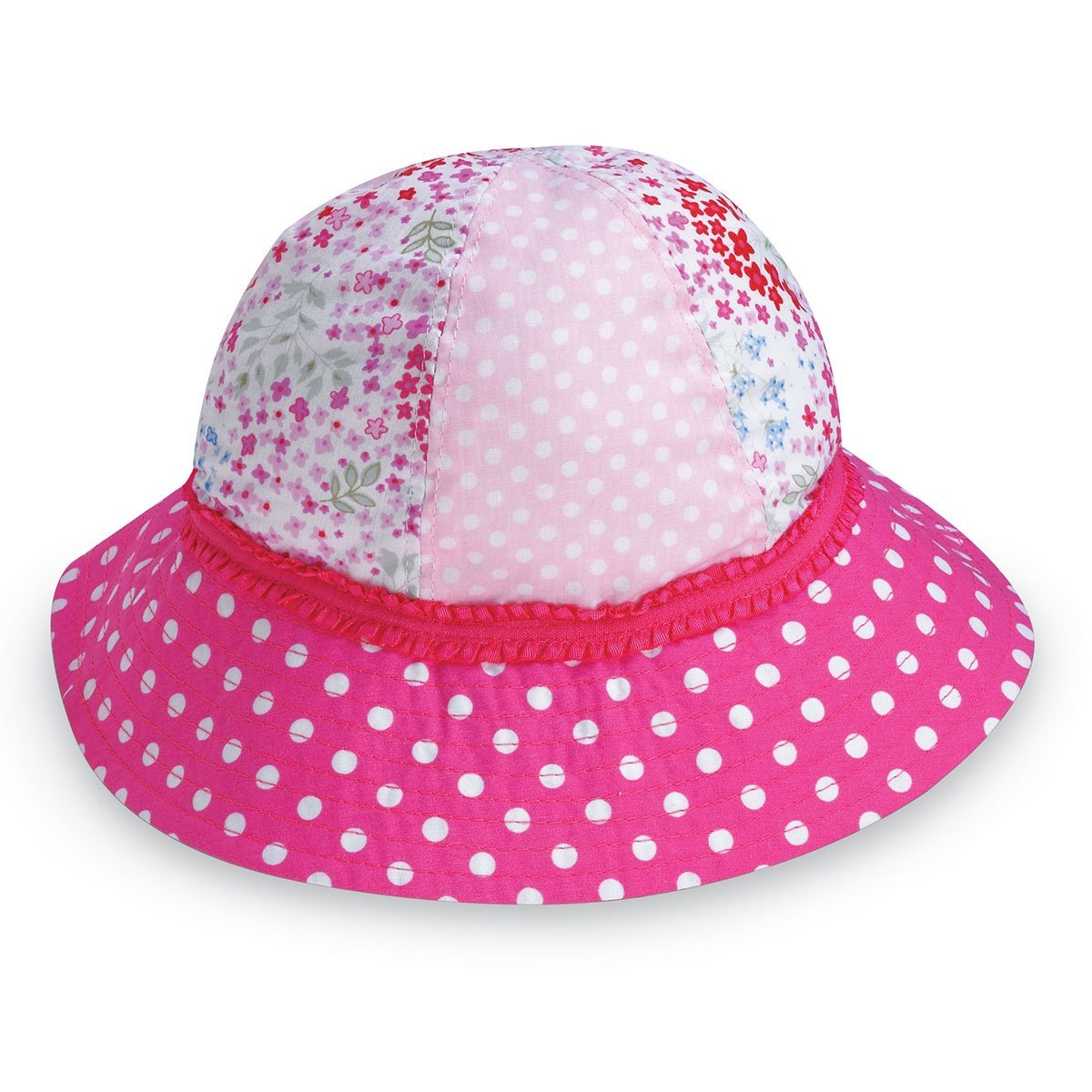 Featuring Kid's Packable and Bucket Style Platypus UPF Sun Hat with Chinstrap in Fuchsia Dots from Wallaroo
