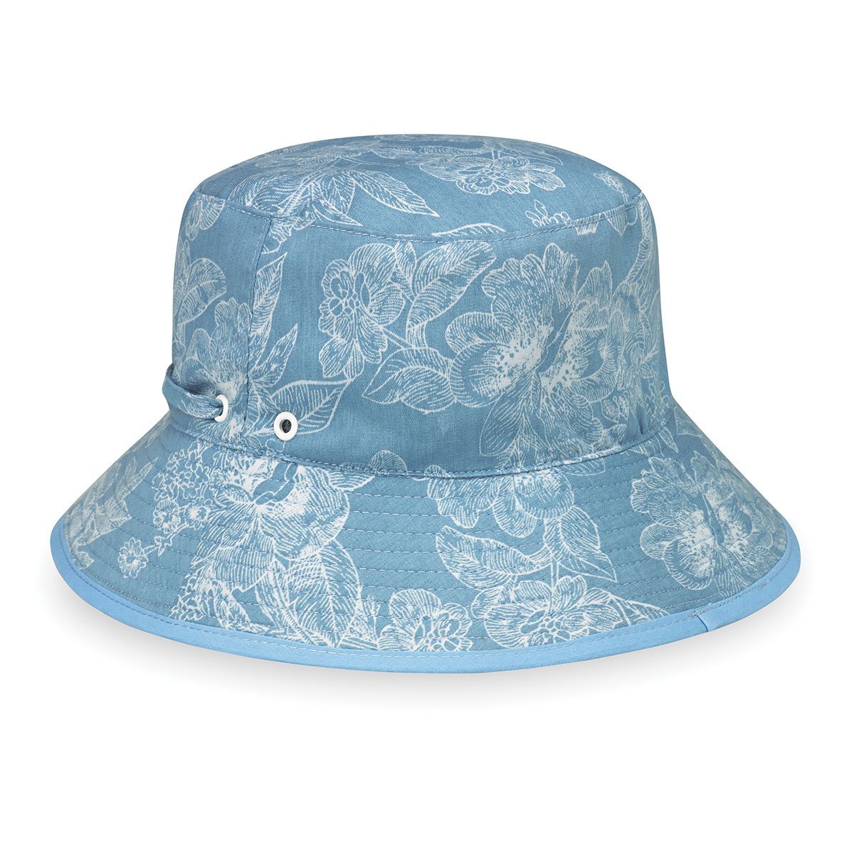 Featuring Kid's Packable Bucket Style Riley Cotton UPF Sun Hat with Chinstrap in Blue Floral from Wallaroo