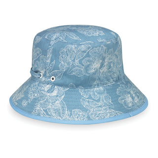 Kid's Packable Bucket Style Riley Cotton UPF Sun Hat with Chinstrap in Blue Floral from Wallaroo