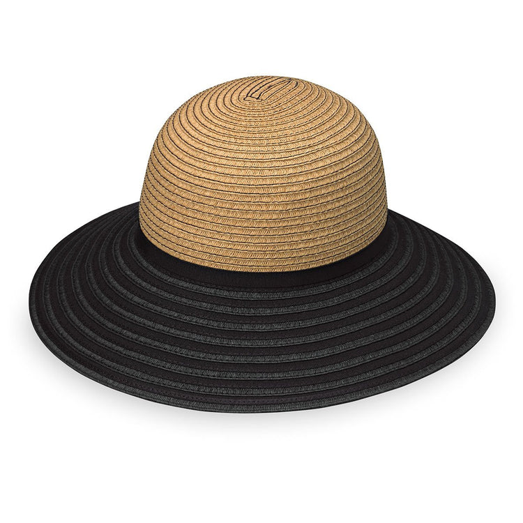 Front of Women's Packable Wide Brim Riviera UPF Sun Hat in Camel/Black from Wallaroo