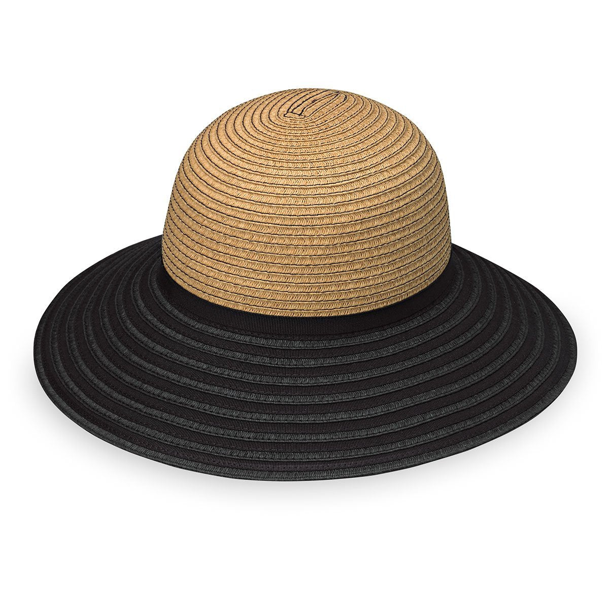 Featuring Front of Women's Packable Wide Brim Riviera UPF Sun Hat in Camel Black from Wallaroo