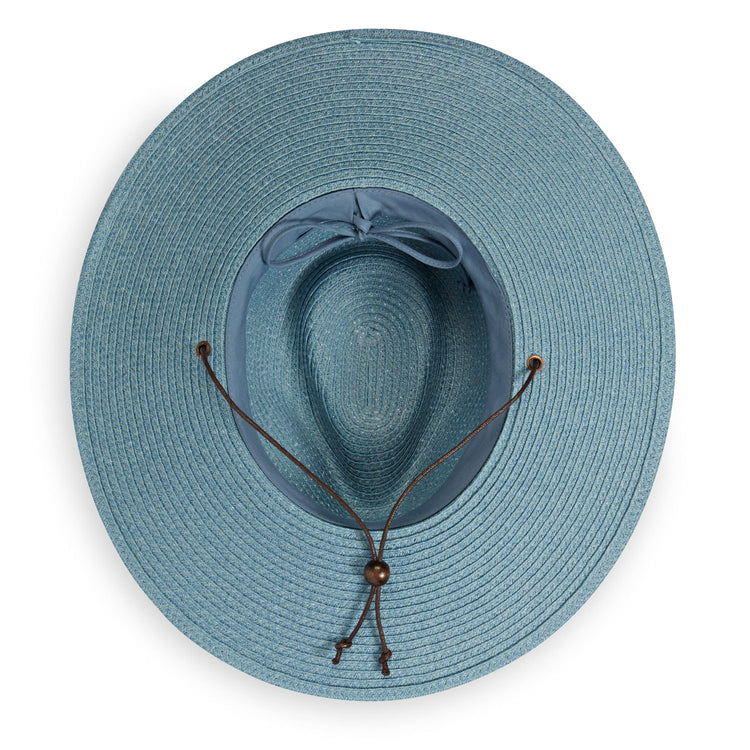 Inside of Women's Packable Wide Brim Fedora Style Sanibel UPF Sun Hat in Cornflower from Wallaroo