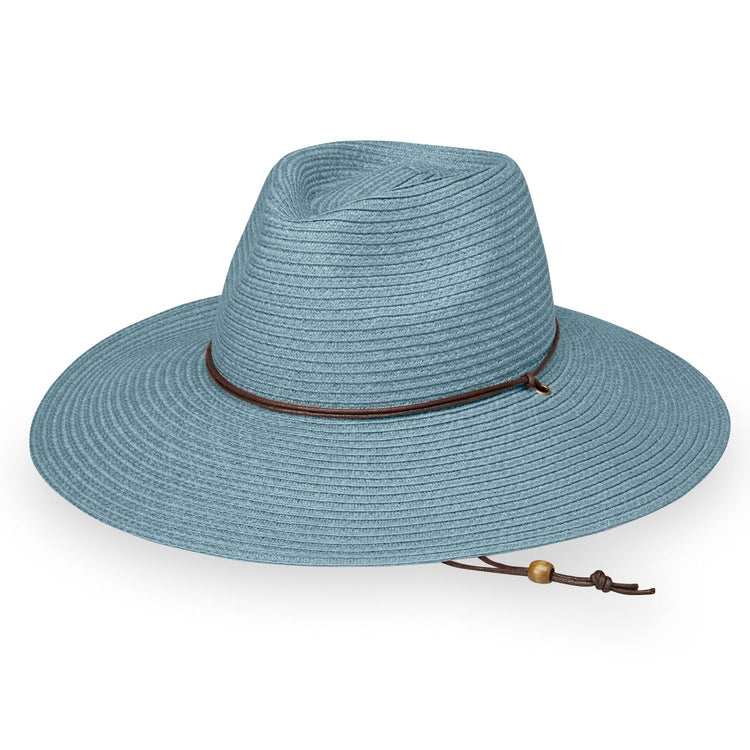 Front of Women's Packable Wide Brim Fedora Style Sanibel UPF Sun Hat in Cornflower from Wallaroo