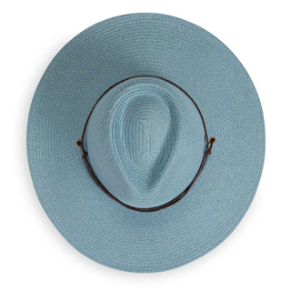 Top of Women's Packable Wide Brim Crown Style Sanibel UPF Sun Hat in Cornflower from Wallaroo