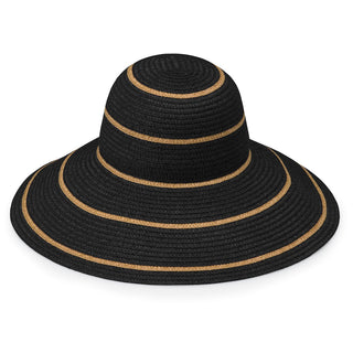 Front of Women's Packable Wide Brim Crown Style Savannah UPF Sun Hat in Black Camel from Wallaroo