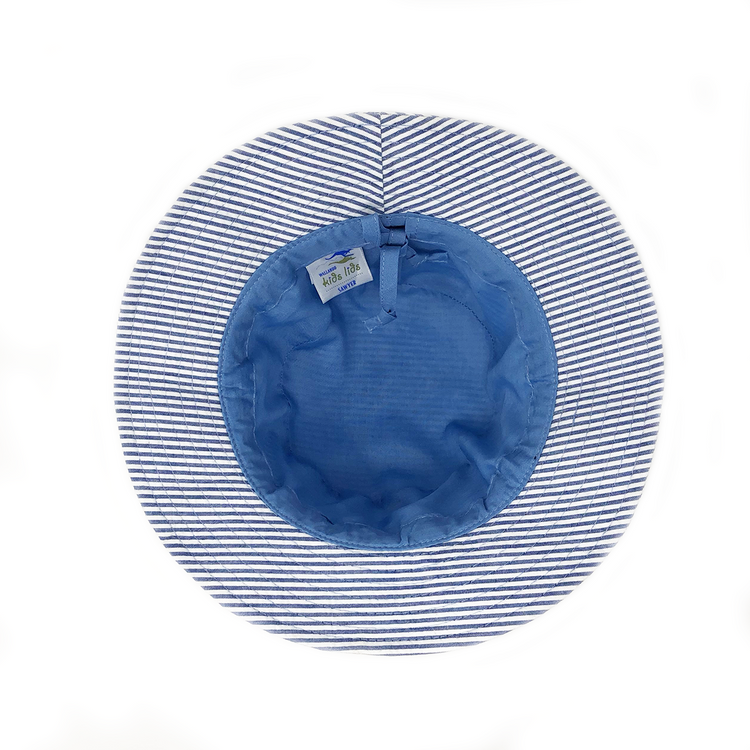 Inside of Kid's Packable Bucket Style Sawyer Cotton UPF Sun Hat in Blue Stripes from Wallaroo