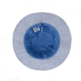Inside of Kid's Packable Bucket Style Sawyer Cotton UPF Sun Hat in Blue Stripes from Wallaroo