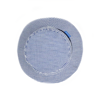 Top of Kid's Packable Bucket Style Sawyer Cotton UPF Sun Hat in Blue Stripes from Wallaroo