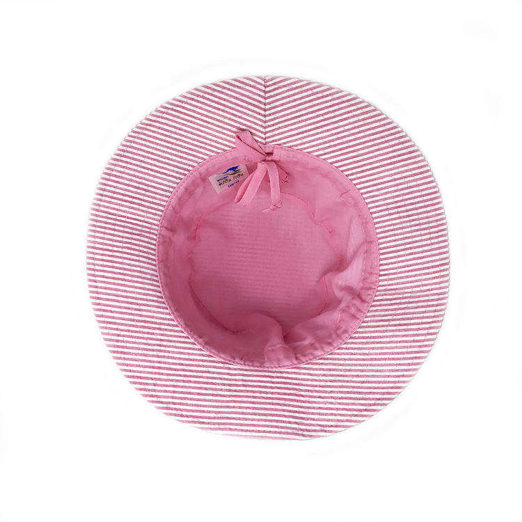 Inside of Kid's Packable Bucket Style Sawyer Cotton UPF Sun Hat in Pink Stripes from Wallaroo