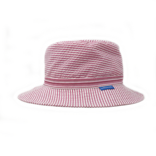Front of Kid's Packable Bucket Style Sawyer Cotton UPF Sun Hat in Pink Stripes from Wallaroo