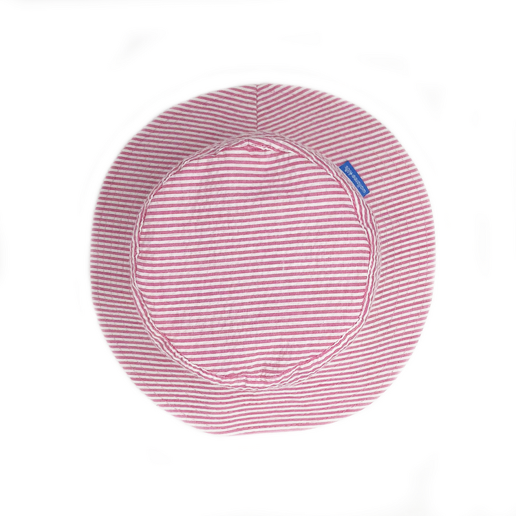 Top of Kid's Packable Bucket Style Sawyer Cotton UPF Sun Hat in Pink Stripes from Wallaroo
