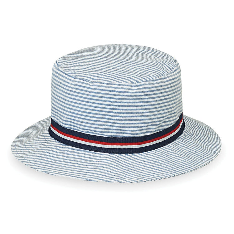 Front of Kid's Packable Bucket Style Sawyer Cotton UPF Sun Hat in Blue Stripes from Wallaroo, Blue Stripes