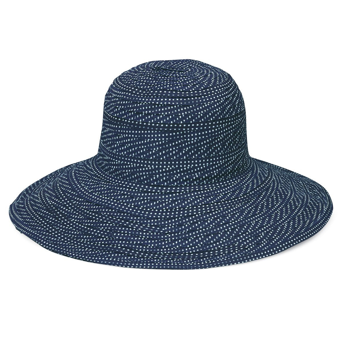 Featuring Women's Packable Wide Brim Scrunchie UPF Sun Hat in Navy White Dots from Wallaroo