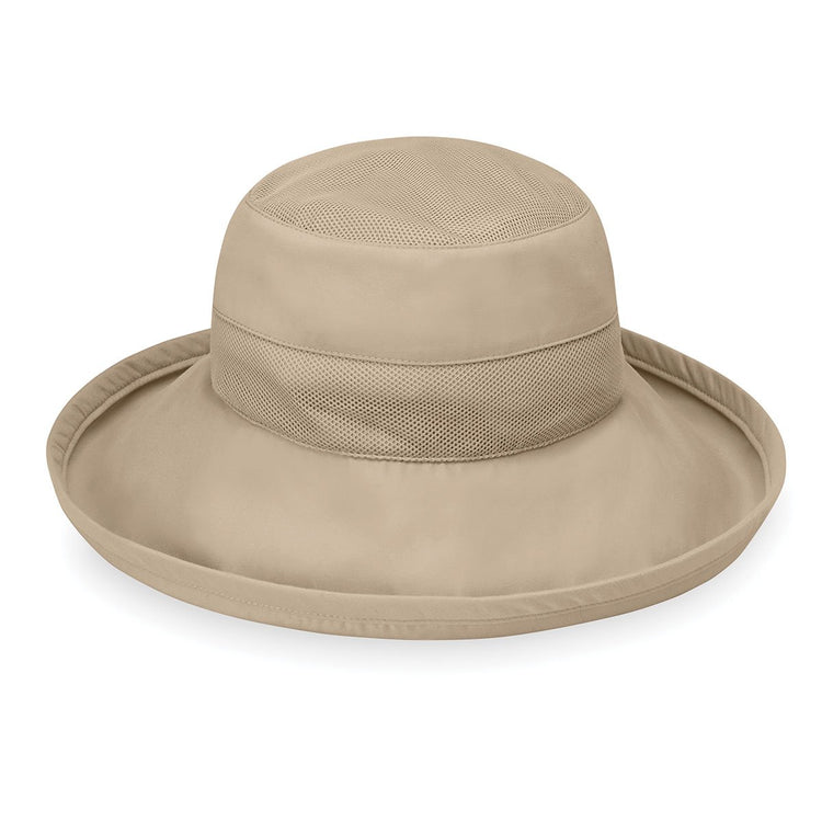 Front of Women's Packable Wide Brim Seaside UPF Sun Hat with Chinstrap in Camel from Wallaroo