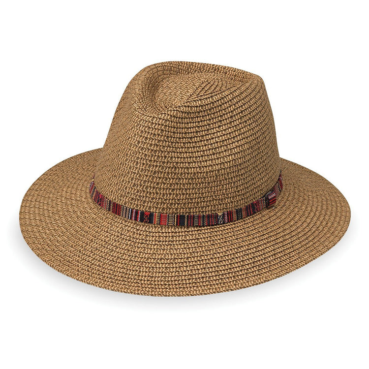 Front of Unisex Packable Fedora Style Sedona UPF Sun Hat in Camel from Wallaroo