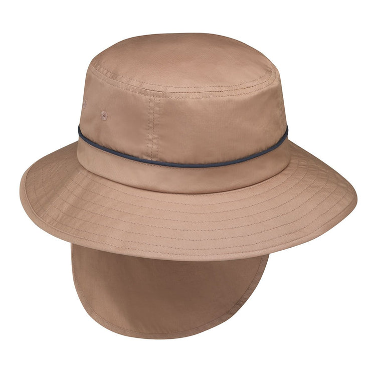 Men's Packable Bucket Style Shelton UPF Sun Hat with Chinstrap and Neck Flap from Wallaroo, Camel/Navy