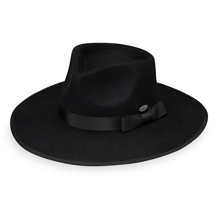 Front of Wide Brim Fedora Style Sloan Felt UPF Sun Hat in Black from Wallaroo