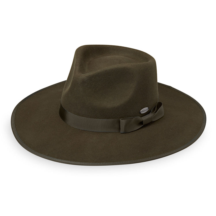 Front of Wide Brim Fedora Style Sloan Felt UPF Sun Hat in Olive from Wallaroo