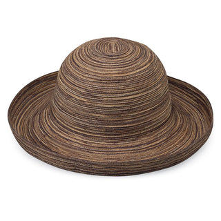 Front of Woman's Packable Wide Brim Crown Style Sydney UPF Sun Hat in Brown from Wallaroo