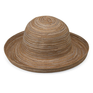Front of Women's Packable Wide Brim Crown Style Sydney UPF Sun Hat in Camel from Wallaroo