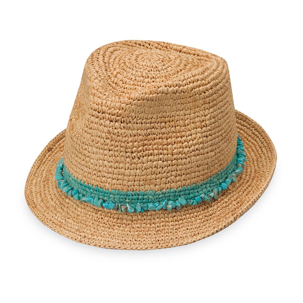 Featuring Front of Women's Adjustable Fedora Style Tahiti Raffia Sun Hat in Turquoise from Wallaroo