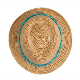 Top of Women's Adjustable Fedora Style Tahiti Raffia Sun Hat in Turquoise from Wallaroo