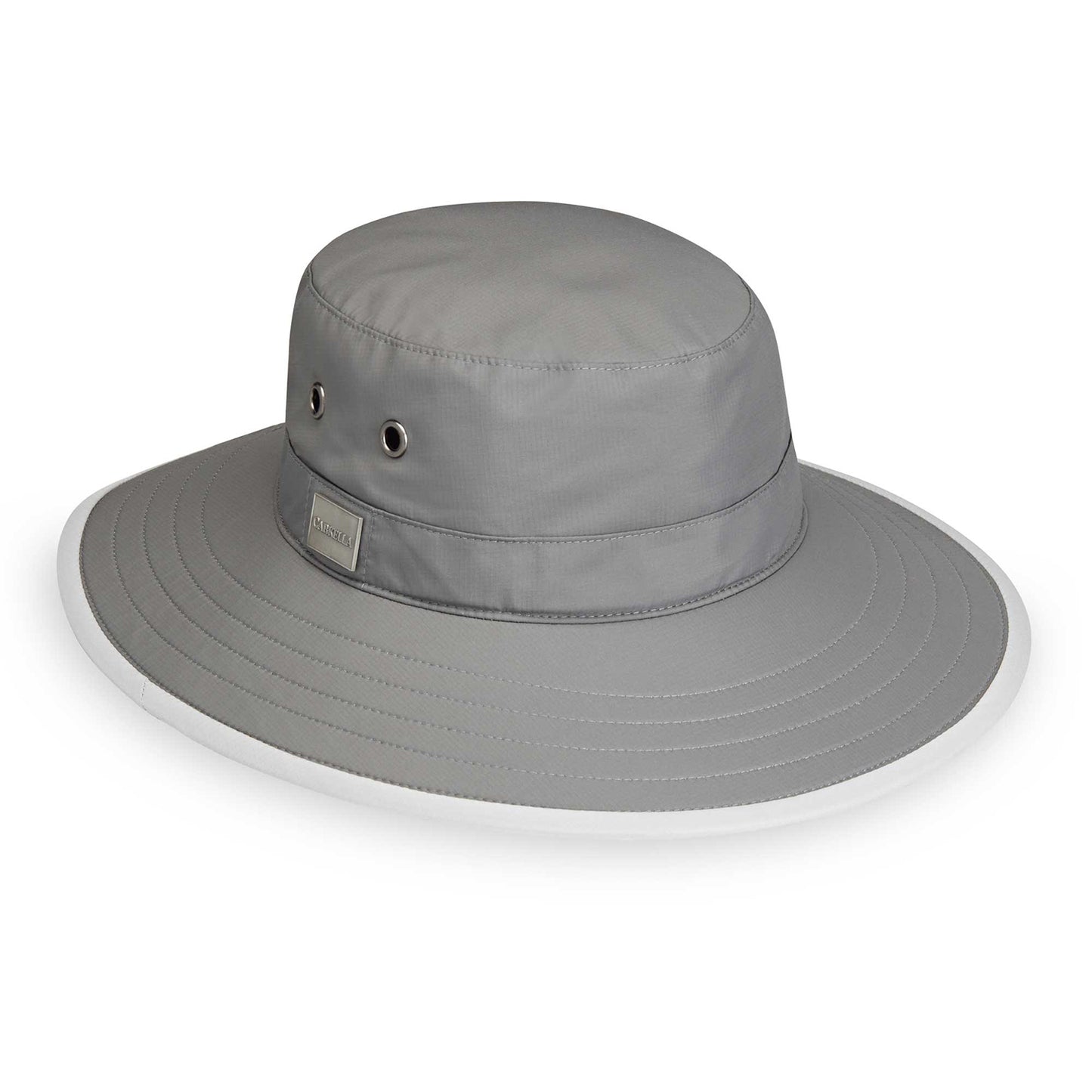 Front View of Packable Bucket Style Tahoe UPF Sun Hat in grey from Carkella by Wallaroo, Dark Grey/Stone