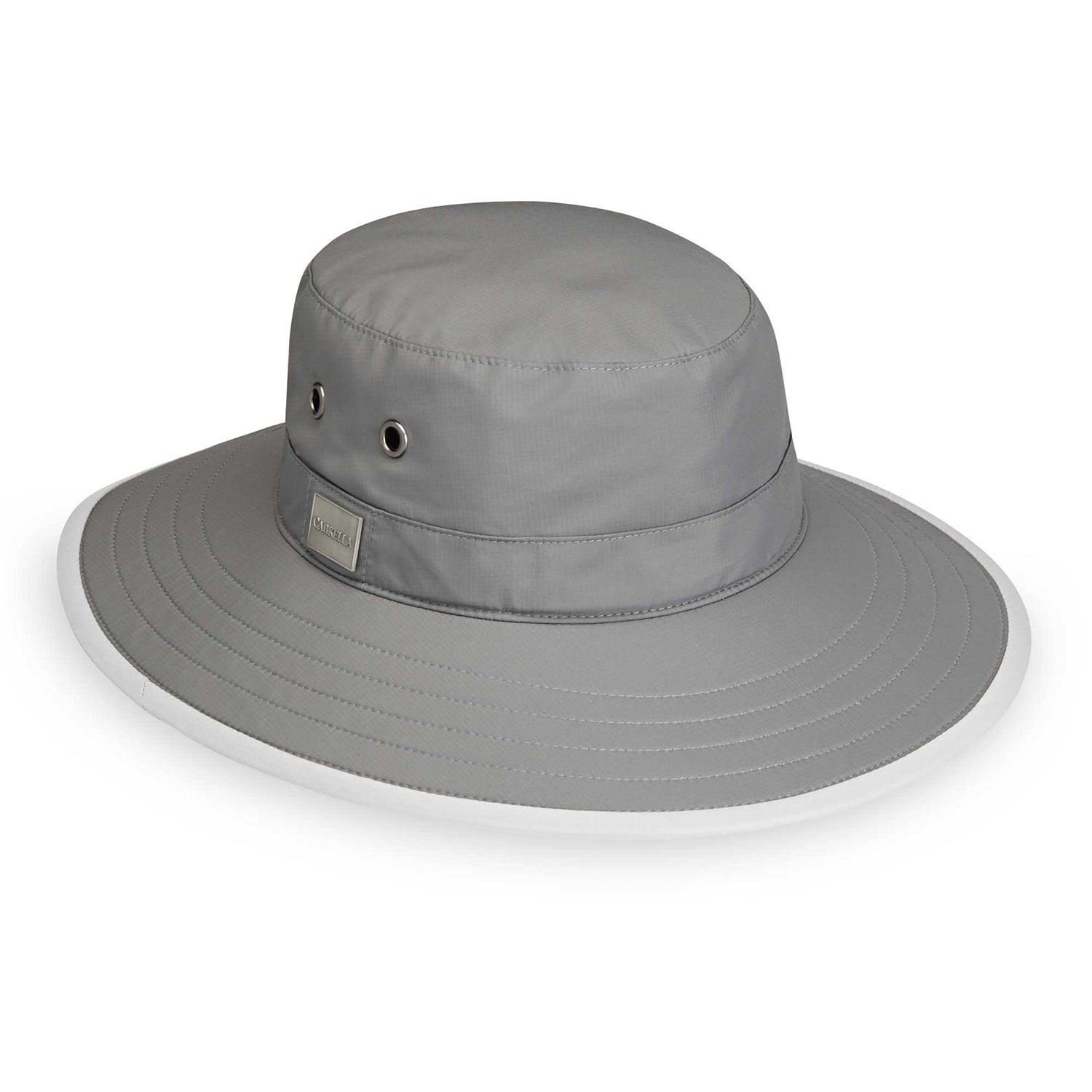 Front View of Packable Bucket Style Tahoe UPF Sun Hat in grey from Carkella by Wallaroo, Dark Grey/Stone