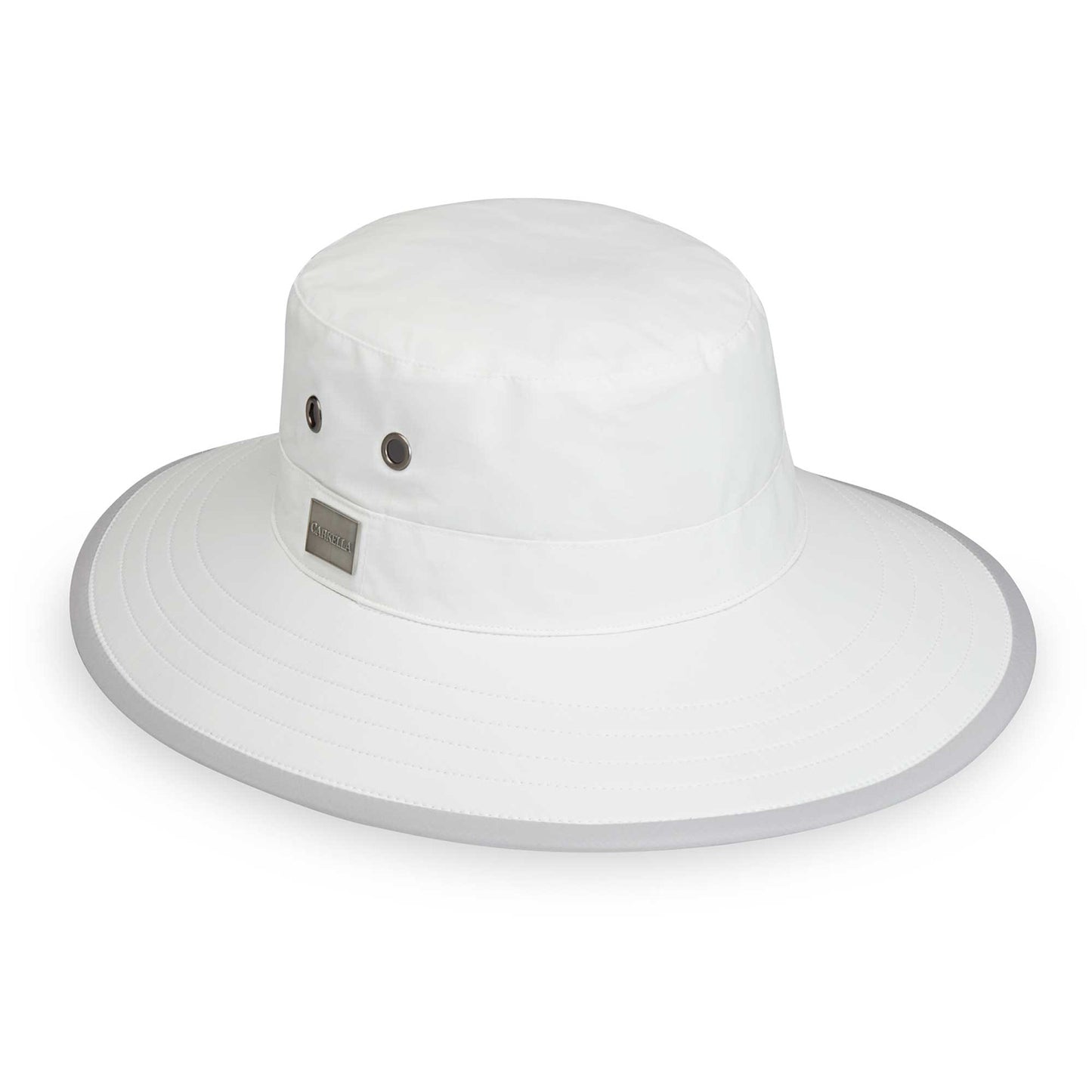 Front of Packable Bucket Style Tahoe UPF Sun Hat in White by Carkella from Wallaroo, White/Grey