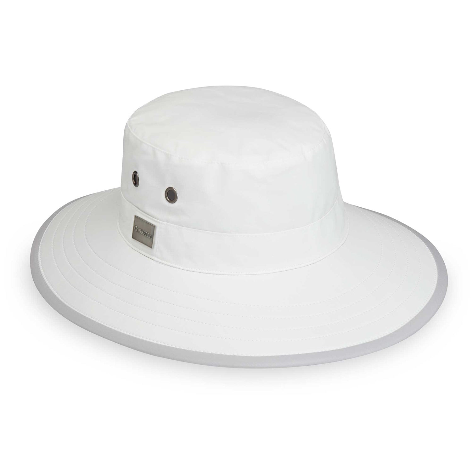 Front of Packable Bucket Style Tahoe UPF Sun Hat in White by Carkella from Wallaroo, White/Grey