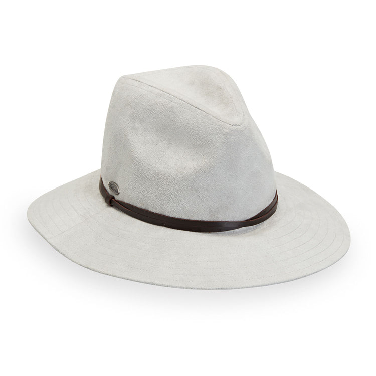 Front of Women's Adjustable Fedora Style Suede Telluride UPF Sun Hat in Light Grey from Wallaroo