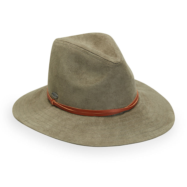 Front of Women's Adjustable Fedora Style Suede Telluride UPF Sun Hat in Sage from Wallaroo