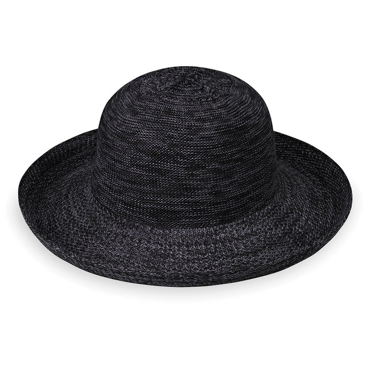 Front of Women's Packable Wide Brim Crown Style Victoria Sun Hat in Mixed Black from Wallaroo