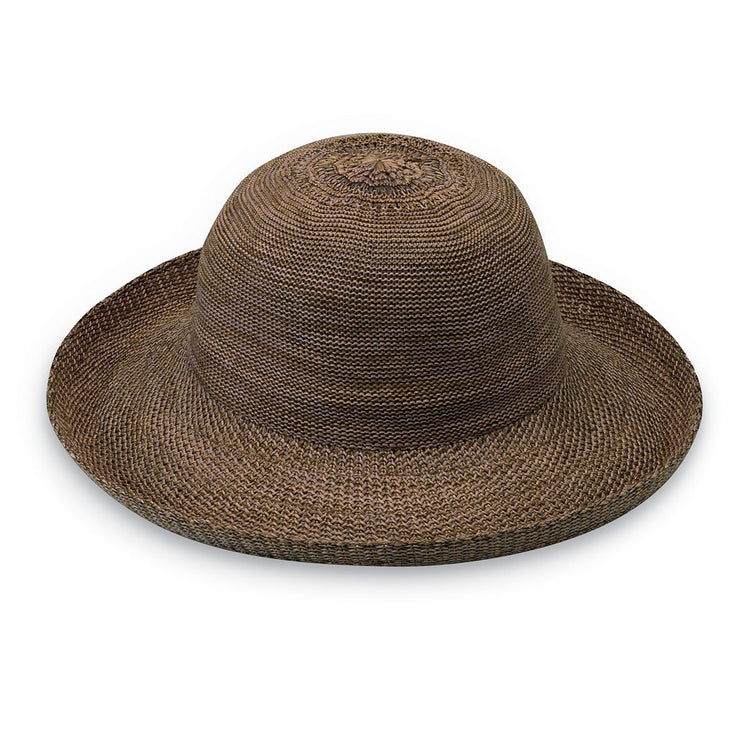 Front of Women's Packable Wide Brim Crown Style Victoria Sun Hat in Suede from Wallaroo