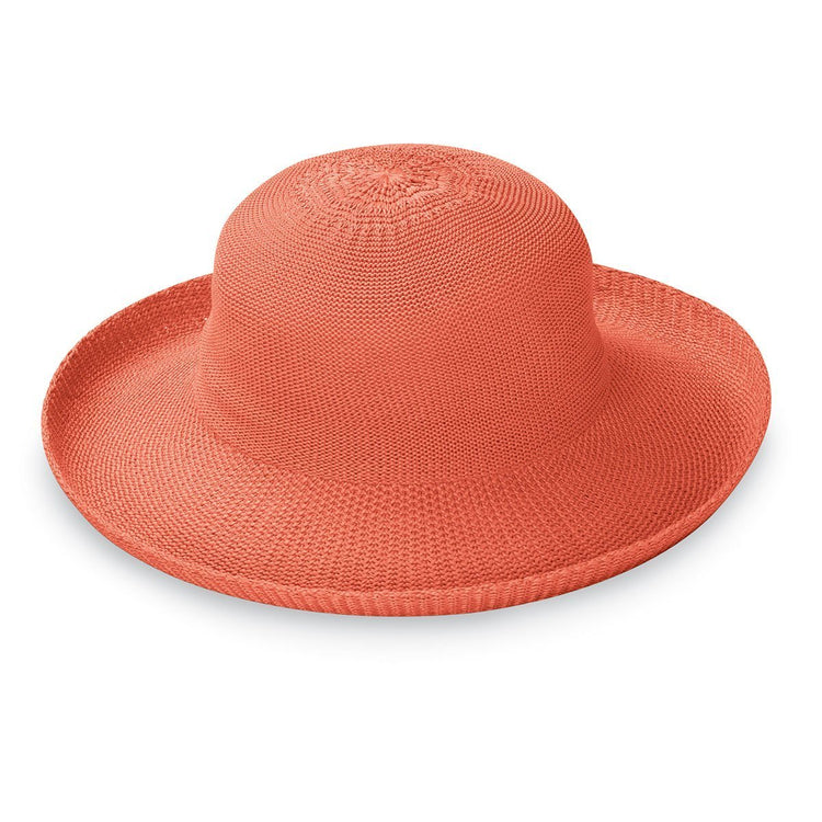 Front of Packable and Adjustable Wide Brim Crown Style Victoria Sun Hat in Coral from Wallaroo