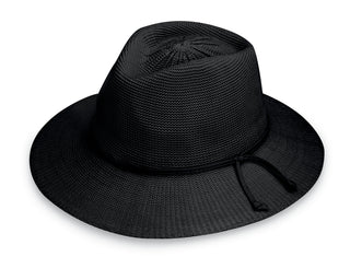Front of Women's Packable and Adjustable Victoria Fedora Style UPF Sun Hat in Black from Wallaroo