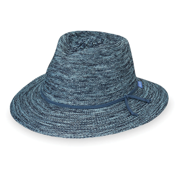 Front of Packable and Adjustable Victoria Fedora Style UPF Sun Hat in Mixed Denim from Wallaroo