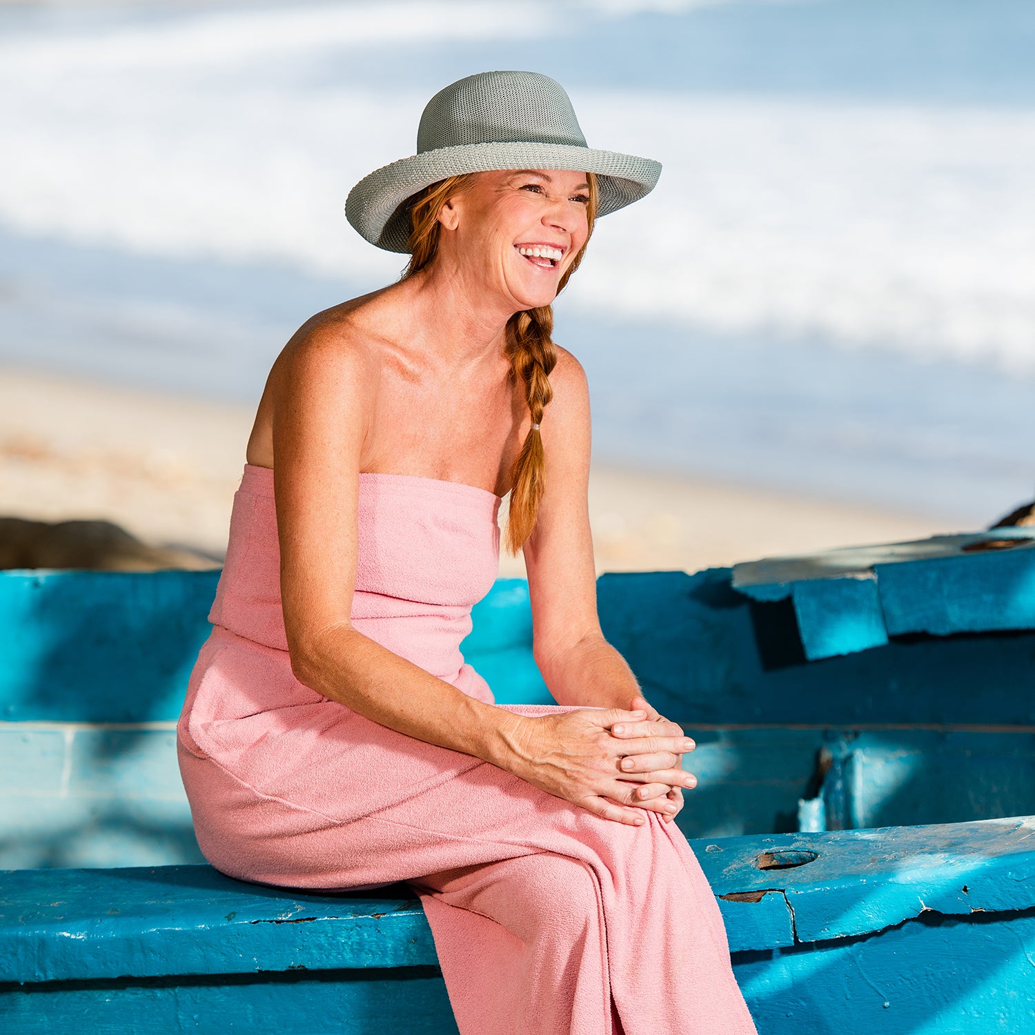 Featuring Woman Wearing Big Wide Brim Style poly straw Sun Hat in Seafoam from Wallaroo