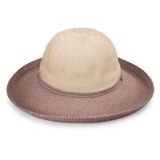 Front of Women's Packable Wide Brim Victoria Two-Toned UPF Sun Hat in Beige Mocha from Wallaroo