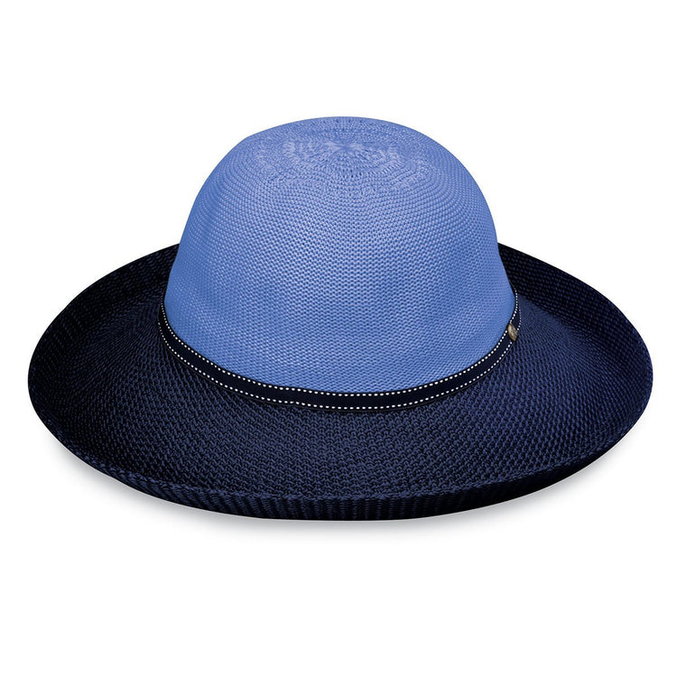  Women's Packable poly straw Victoria Two-Toned UPF Sun Hat for travel from Wallaroo, Hydrangea/Navy