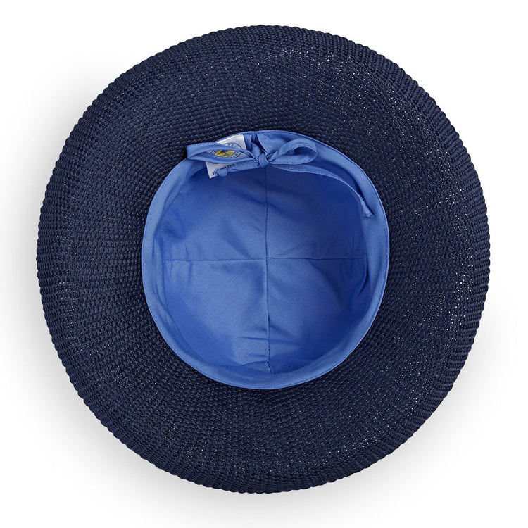 Inside of Women's Packable Victoria Two-Toned UPF Sun Hat in Hydragena Navy from Wallaroo