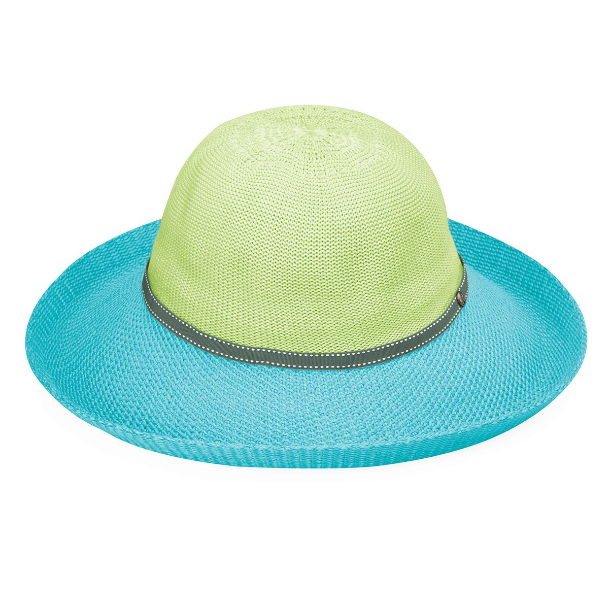 Ladies' Big Wide Brim poly straw Victoria Two-Toned UPF Sun Hat for travel from Wallaroo, Lime/Turquoise