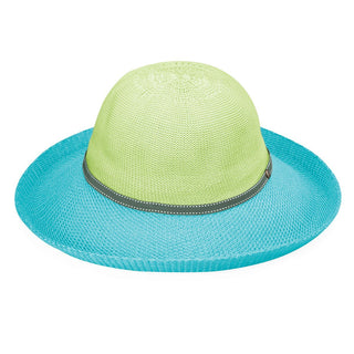 Front of Women's Packable Wide Brim Victoria Two-Toned UPF Sun Hat in Lime Turquoise from Wallaroo