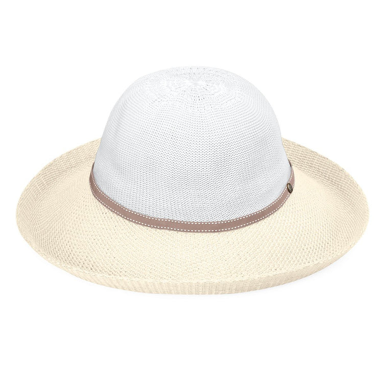 Front of Women's Packable Wide Brim Victoria Two-Toned UPF Sun Hat in White Natural from Wallaroo