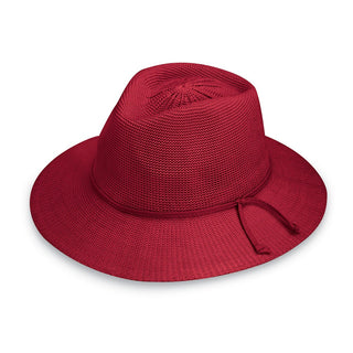 Front of Women's Packable Victoria Fedora Style UPF Sun Hat in Cranberry from Wallaroo