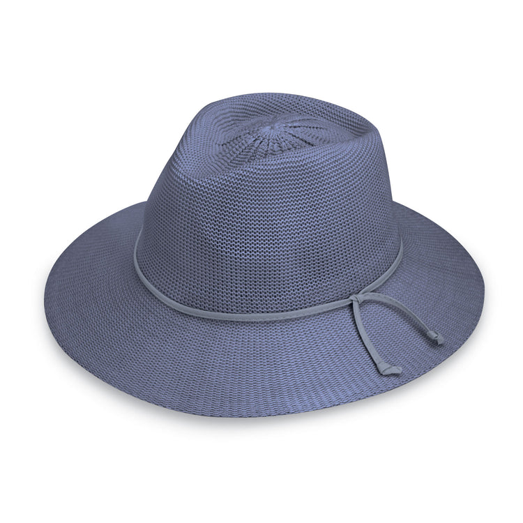 Women's Packable Victoria Fedora Style straw Summer Hat for travel in Dusty Blue from Wallaroo