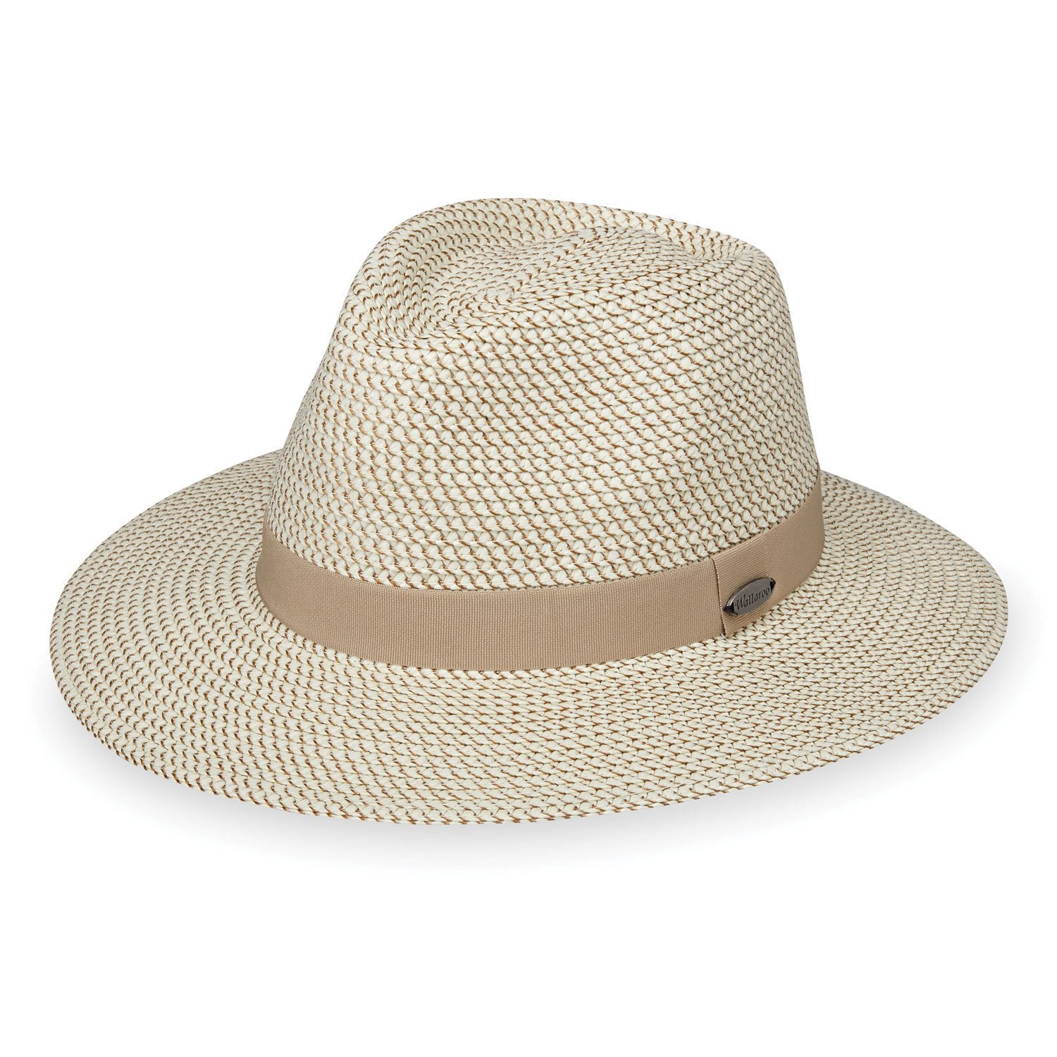 Featuring Front of UPF Charlie Fedora Style Packable Sun Hat in Ivory Taupe from Wallaroo