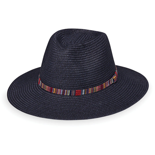 Front of Unisex Fedora Style Sedona Paper Braid UPF Sun Hat in Navy from Wallaroo