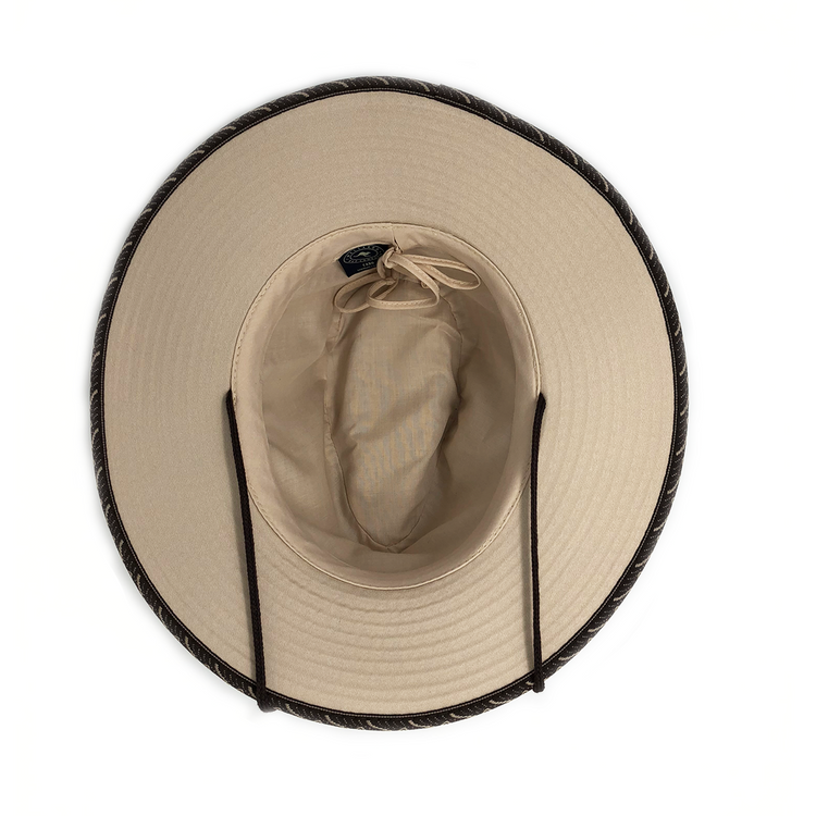 Bottom of Men's Fedora Style Cabo UPF Summer Beach Hat with Chinstrap from Wallaroo in Natural w/surf trim