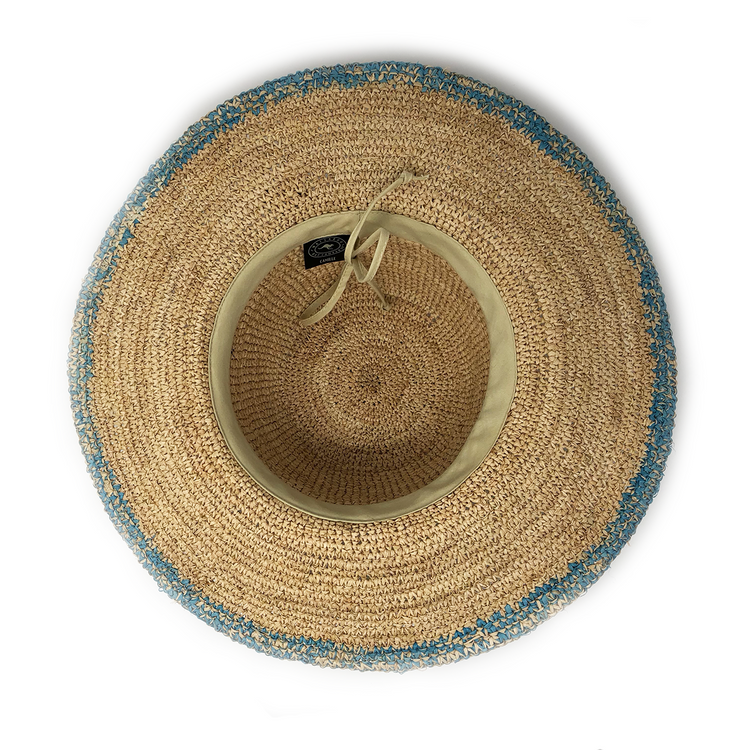 Bottom of Wide Brim Crown Style Camille Raffia Sun Hat in Turquoise from Wallaroo